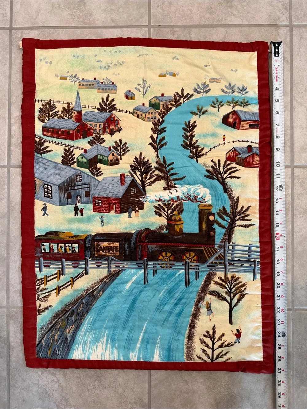 Vintage Americana Folk Art Fabric Wall Hanging Featuring A Winter Train Scene